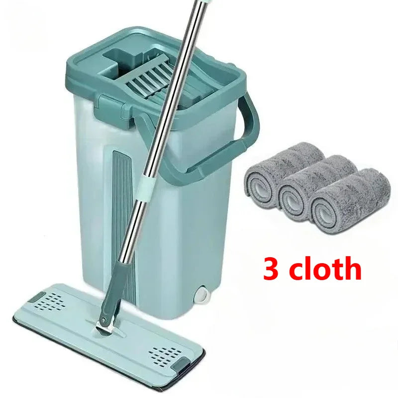 Flat Squeeze Mop with Bucket Hands-Free Microfiber Dry Wet Dual Use Wood Floor Tile Multi-Functional Cleaning Tool Hands-Free
